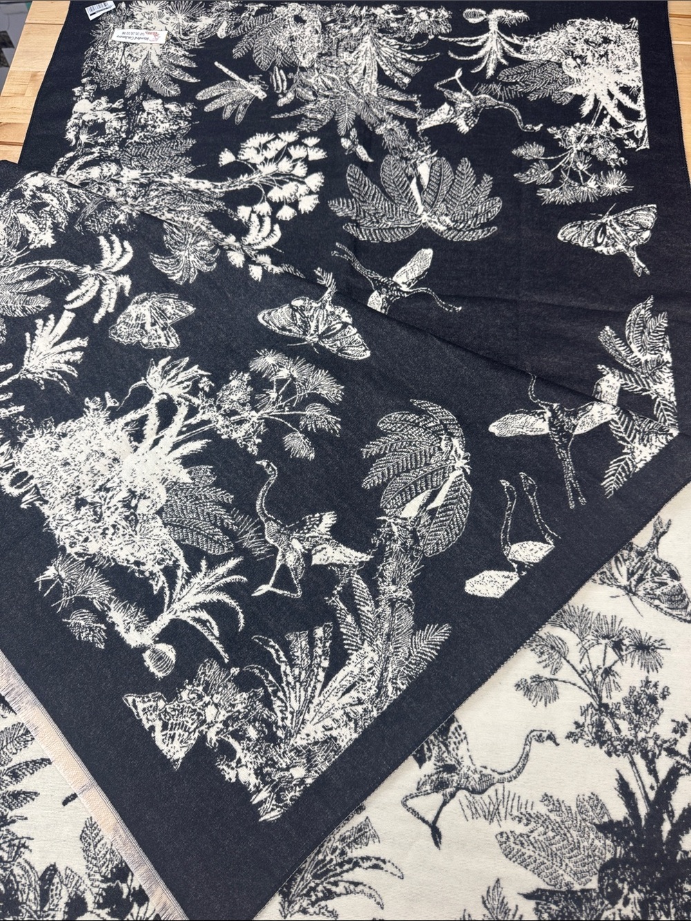 Kultura Cotton Cashmere Pashmina Scarf Tropical Birds Reversible Black Cream